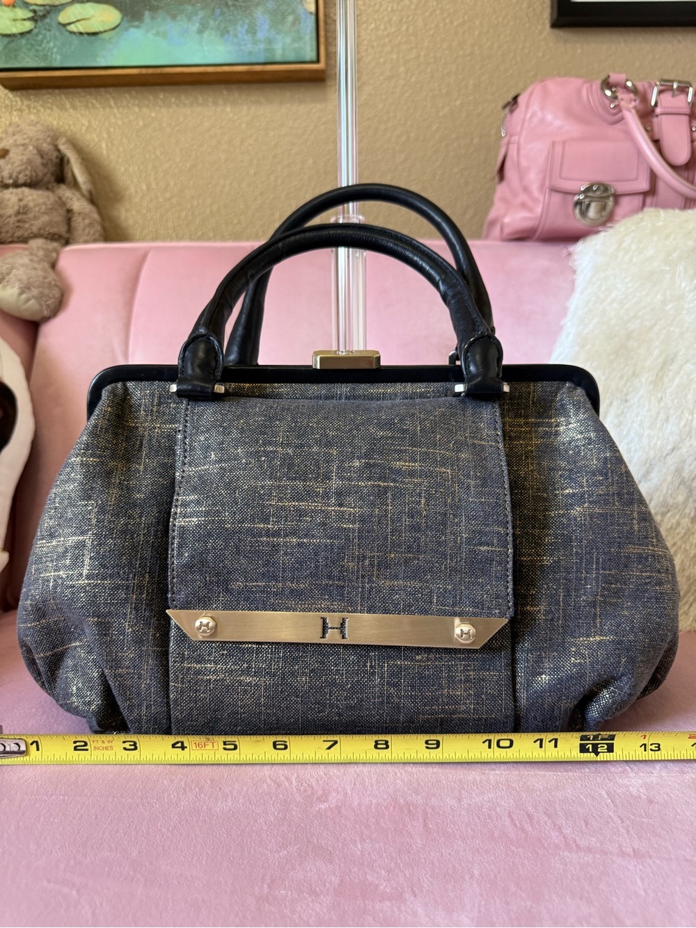 Halston Heritage Brushed Denim/Gold Doctors Bag w Leather Trim & Gold Hardware - Picture 7 of 16